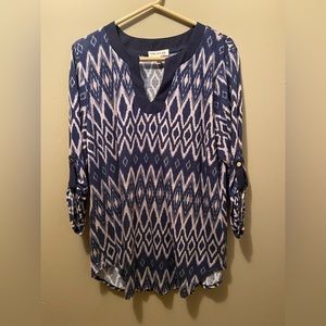 Women’s Faith and Joy Blue Patterned, Roll Sleeves Blouse Size Large